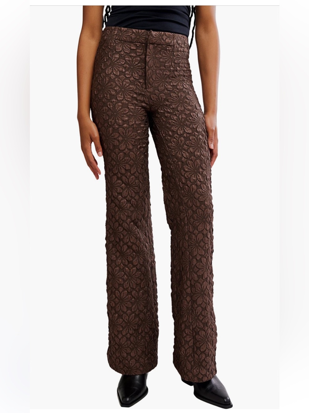 FREE PEOPLE || “Runaway” Floral-Flare/Boot-cut Leg Pants Chocolate, embossed